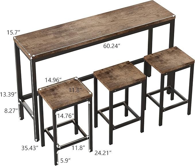 Harper & Bright Designs 4-Piece Dining Table Set, 60.2" L Solid Wood Dining Table with 3 Stools and Metal Frame for Kitchen Dining Room, Natural