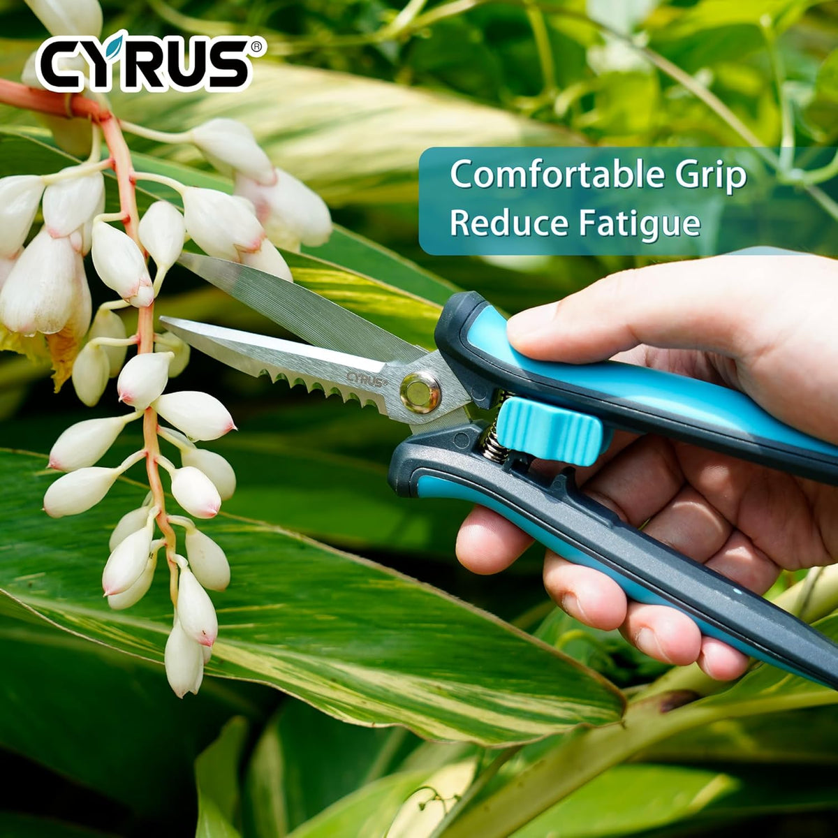 CYRUS Pruning Shears 8" Hand Gardening Scissors Extended Straight Carbon Blades Trimming Precision Bud Scissors with Sharp Serrations Widely Used for Gardening, Hydroponics, Grow Tents-CYRUS