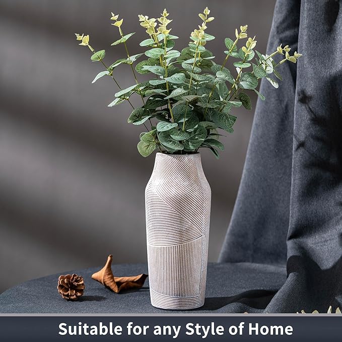 Vintage Ceramic Flower Vase, Terracotta Farmhouse Decorative Rustic Stone Clay Floral Vase, Concrete Grey Home Decor for Living Room, Entryway, Kitchen, Bedroom, Bathroom and Shelf 9.6 Inch