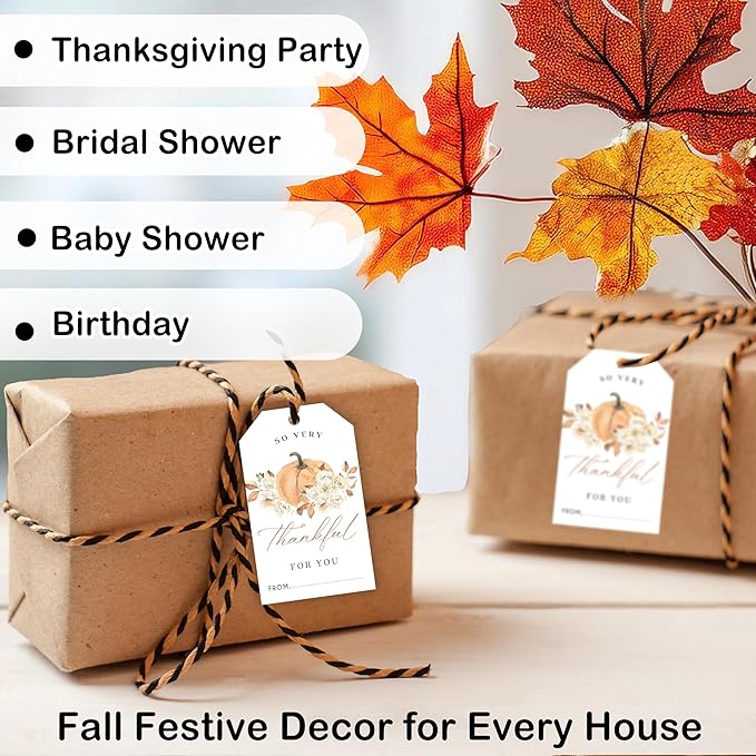 50 Pcs Fall Gift Tags, 2.1"×3.5" Autumn Florals Thank You Gift Tags for Party Favors, Pumpkin Thanksgiving Gifts Tags for Party Favor - B09