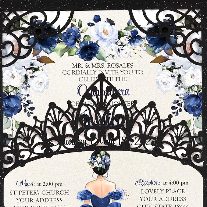 50Pcs Navy Blue Crown Invitations for Quinceanera, 15 year, Sweet 16, Miss XV, Birthday Laser Cut Quince Invitation Cards Personalized Pearlized Black