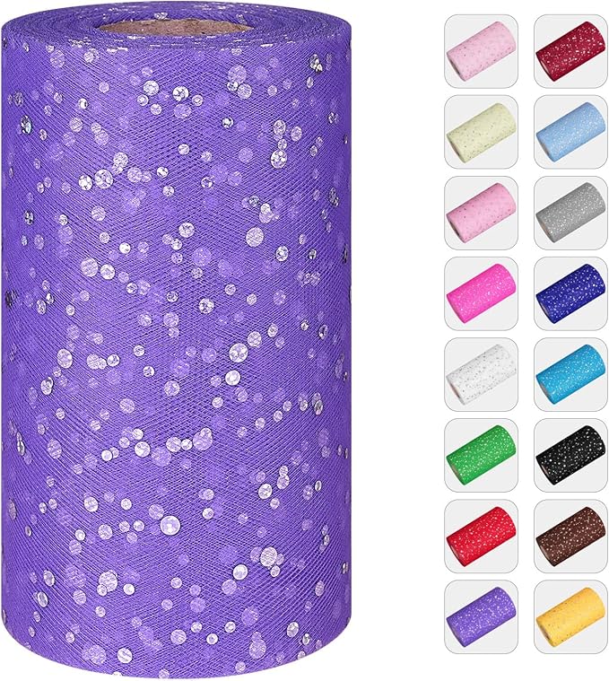 Glitter Tulle Rolls, 6' by 50 Yards (150FT) Sequin Tulle Netting Fabric for Tutu Skirts Sewing Birthday Wedding Party Decoration (Purple)