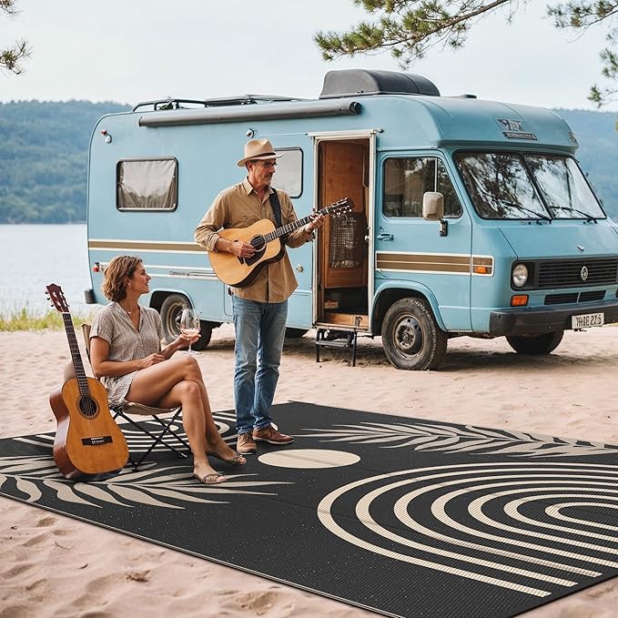 GENIMO Outdoor Rug 8' x 10' Waterproof for Patio Clearance, Reversible Lightweight Plastic Straw Camping Carpet, Large Area Rugs Mats for Rv, Backyard, Deck, Porch, Picnic, Balcony, Mix-Black & Beige