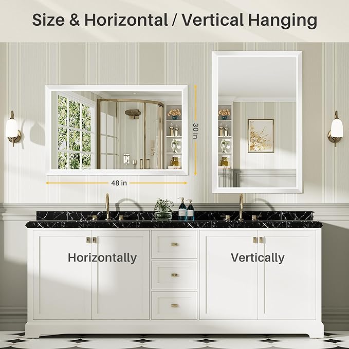 48x30 Inch White Bathroom Mirror for Wall, Thick Metal Framed Rectangle Mirrors for Over Sink, Bedroom, Living Room, Entryway, Anti-Rust, HD Tempered Glass