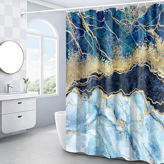 Marble Shower Curtain, Blue Marble Shower Curtain Set, Abstract Luxury Blue Golden Glitter Veins Texture Marble Shower Curtains for Bathroom, Waterproof Fabric, 72 x 78 inches