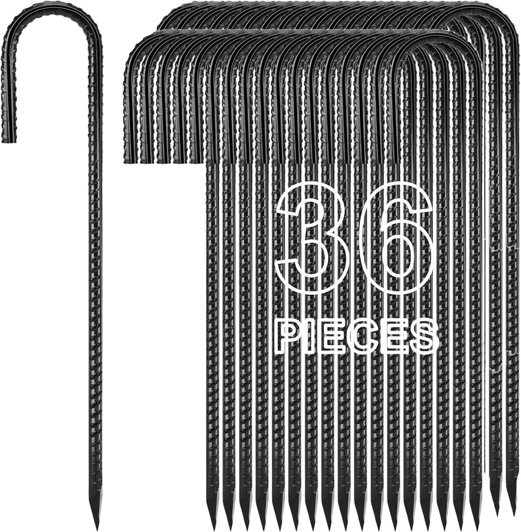 12 inches Ground Stakes 36-Pack J Hook Rebar 5/16" Diameter Tent Stakes Heavy Duty Metal Stake for Outdoor Decorations, Yard Inflatables and Chain Link Fence