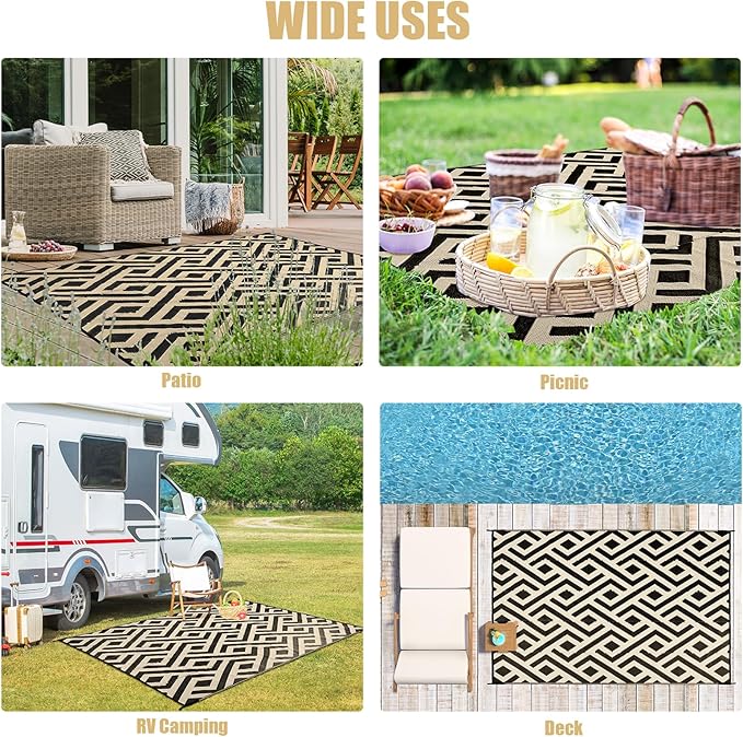 Terrug Outdoor Rug Waterproof 4x6 Ft, Foldable Outdoor Plastic Straw Rug, UV Reversible Patio Rug Decor, Outdoor Area Rug for Camping, RV, Porch, Deck, Backyard, Balcony, Picnic, Black & Beige
