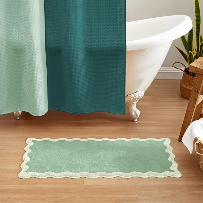 MONDAY MOOSE Bath Mat with Scalloped Wavy Ripple Design, Microfiber Absorbent Non Slip Tufted Rug for Floor, Shower or Kitchen (24x47 inch, Sage)
