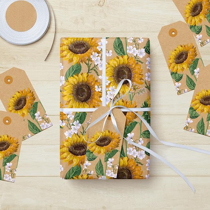 WRAPAHOLIC Kraft Floral Wrapping Paper Roll - Mini Roll - 17 Inch x 9.8 Feet - Sunflower Wrapping Paper, Perfect for Wedding, Birthday, Bridal Shower, Tea Party