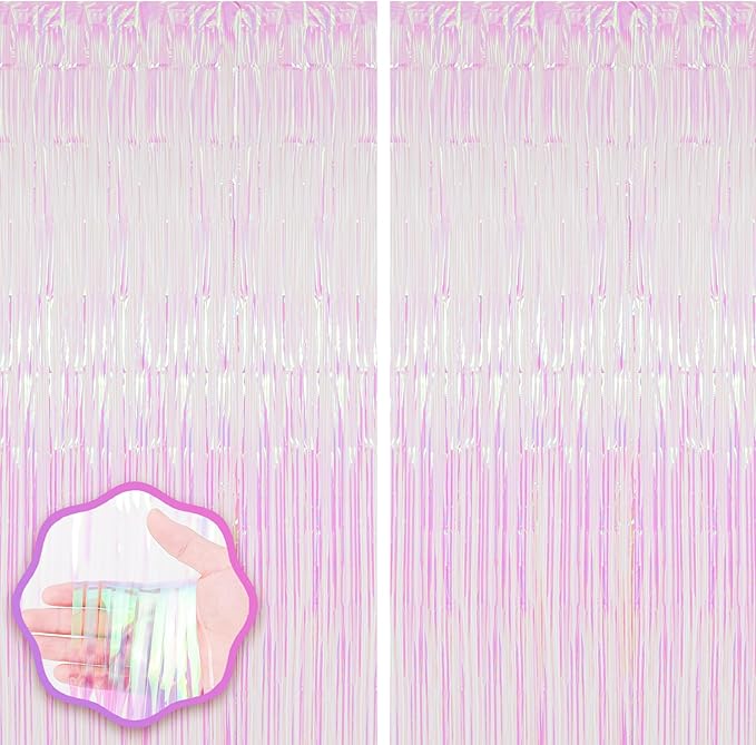 2 Pack Iridescent Tinsel Foil Fringe Curtains, Iridescent Party Decorations, Metallic Tinsel Party Streamers Backdrop for Mermaid Birthday Baby Shower Slumber Wedding Party Decorations