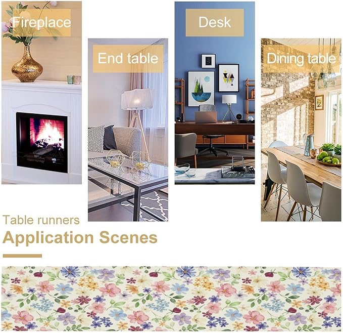 Floral Decorative Table Runner, Watercolor Floral Botanical Rustic Modern Style Pattern Printed Long Table Runner for Restaurant Kitchen Party,13in（33cm） W * 72in（184cm） L