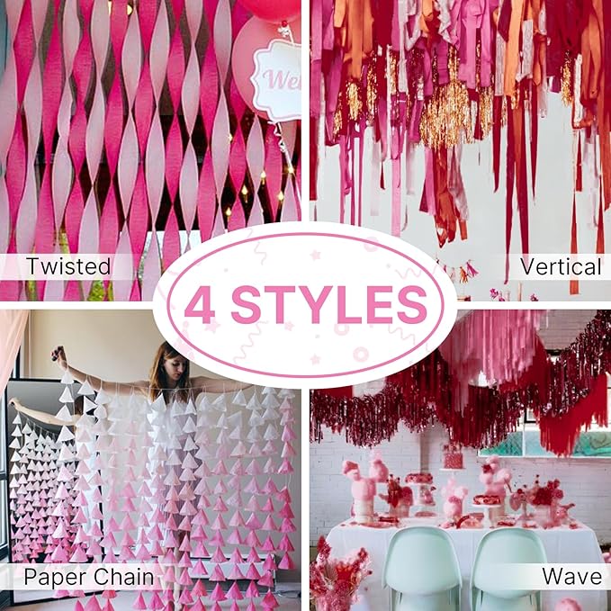 PartyWoo Pink and Red Crepe Paper Streamers 4 Rolls 328 ft Pack of Hot Pink and Red Crepe Paper for Baby Shower Valentine's Day Bachelorette Birthday Party Decorations (1.8 Inch x 82 Ft/Roll)