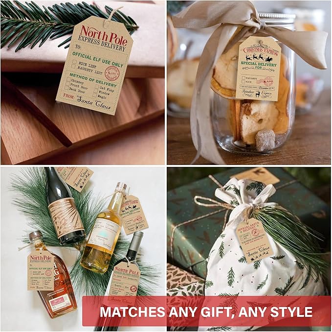 from Santa Christmas Gift Tags, 48 Kraft Labels with String (2x3”), 4 Vintage Santa Tags, Rustic Holiday Name Labels for Presents