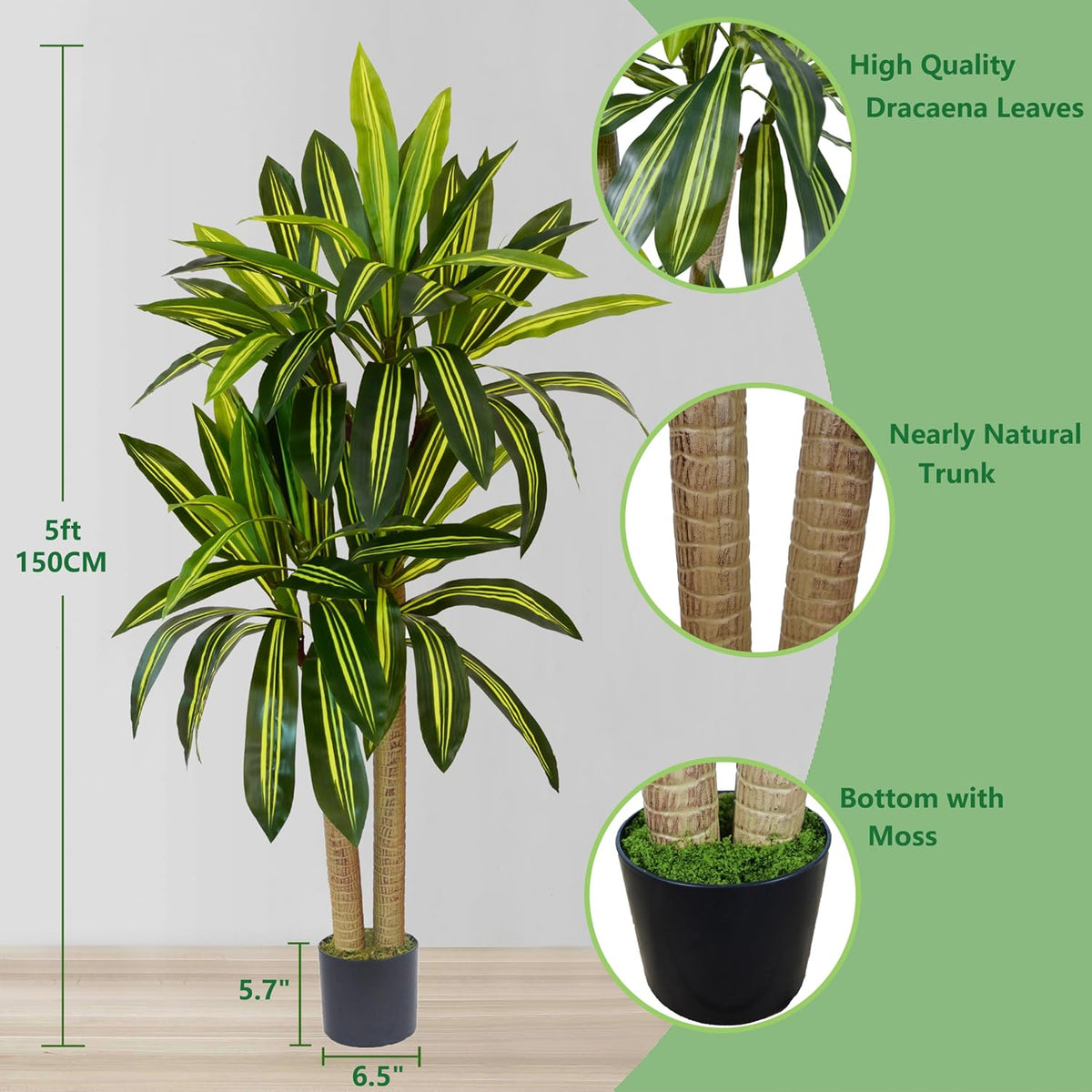 Artificial Dracaena Tree, 5ft Tall Fake Dracaena Plant with Basket, Indoor Outdoor Faux Topiary Yucca Trees for Office Home Living Room Porch Patio Décor
