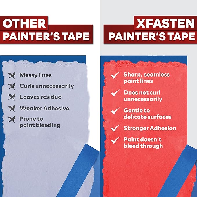 XFasten Professional Blue Painters Tape, Multi-Use, 1/2-Inch by 60-Yard, Pack of 6, Blue Tape Bulk - Sharp Edge Line Technology, Produces Sharp Lines | Residue-Free and Artisan Grade Wall Trim Tape