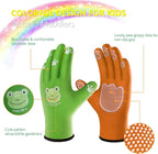 COOLJOB Breathable Toddler Work Gloves for Gardening Boy Girl Ages 6-9 Large, Nylon Kids Garden Gloves with Grip, Children Yard Gloves for Digging Weeding Landscaping, Green & Orange, 2 Pairs