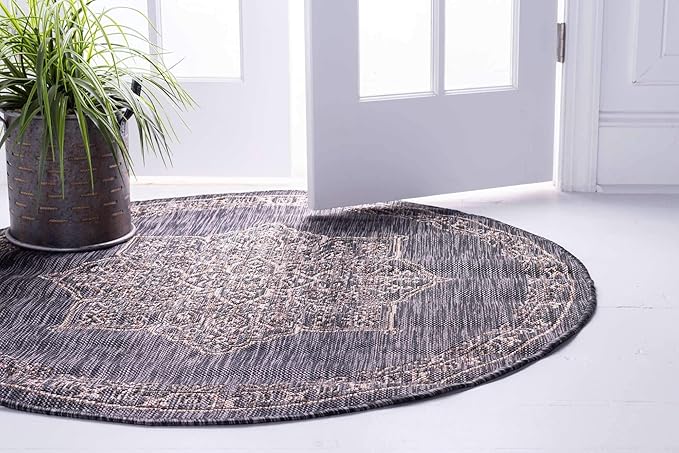 Unique Loom Outdoor Traditional Collection Area Rug - Antique (4' 1" Round, Charcoal Gray/ Natural)