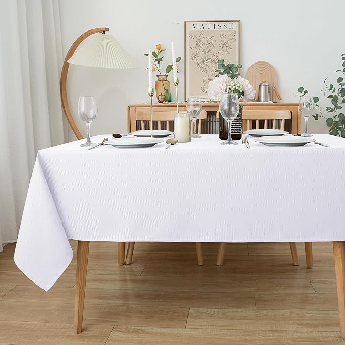 Biscaynebay Textured Fabric Tablecloths 70x120 Inches Rectangular, White Water Resistant Tablecloths for Dining, Kitchen, Wedding and Parties etc. Machine Washable