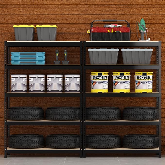 PrimeZone 48" W x 18" D x 72" H Garage Shelving Heavy Duty - Adjustable Metal Storage Shelves, 5 Tier Industrial Shelving Unit, Utility Shelf Rack for Basement, Warehouse, Pantry, Closet, Black, 2Pack