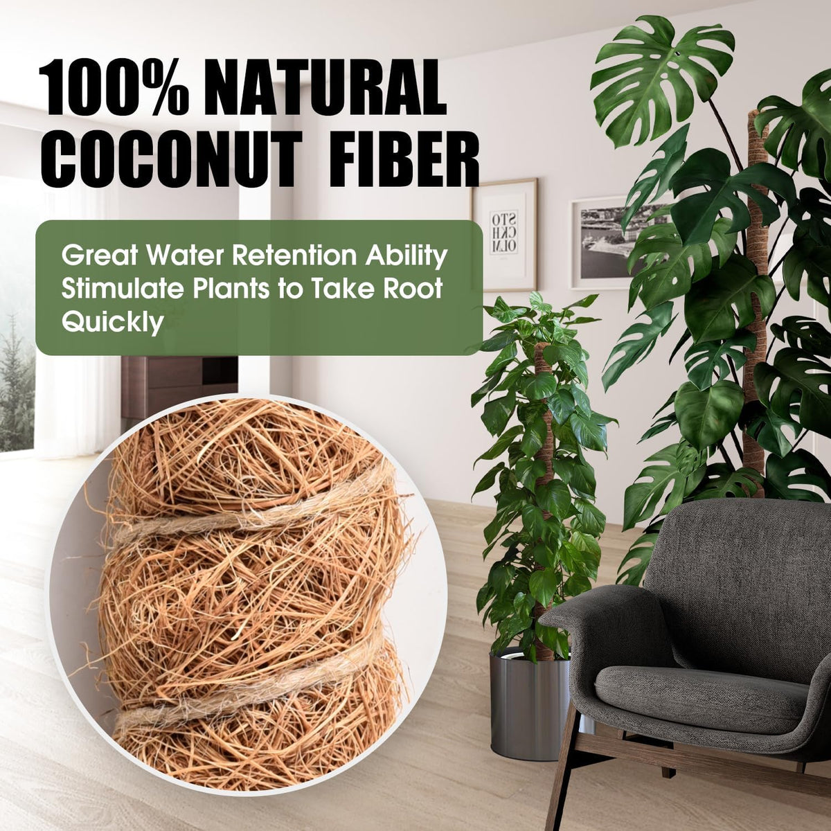 Moss Pole, 63 Inch Bendable Moss Pole for Plants Monstera, Moss Poles for Climbing Plants, Handmade Coco Coir Pole Plant Sticks Support Plant Stakes for Indoor Plants to Grow Upwards