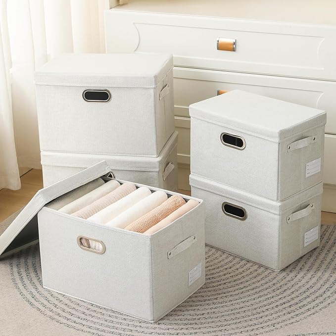 PRANDOM Collapsible Storage Bin with Lid [3-Pack] Fabric Foldable Storage Box Organizer Container Basket Cube with Cover for Home Bedroom Closet Office Beige(15.3x10x9.7)
