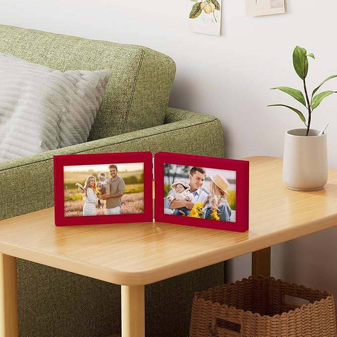 decorUhome Double 6x4 Picture Frame Horizontal, Engineered Wood Bifold Photo Frame with Plexiglass for Tabletop Display, 6x4, Red