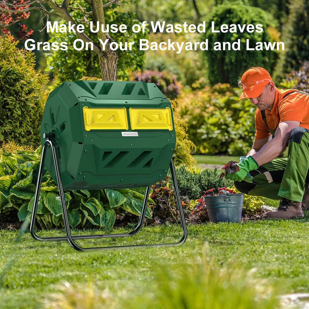 Compost Tumbler Bin Composter Dual Chamber 43 Gallon (Bundled with Pearson's Gardening Gloves)