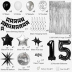 15th Birthday Decorations for Boys Girls, Black Silver Happy Birthday Party Decorations， 15 Year Old Party Supplies with Number 15 Balloons, Banner, Fringe Curtains Kit