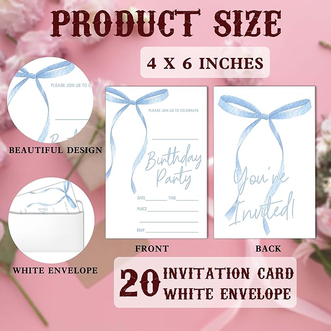 SIXEIGHT Blue Bow Birthday Invitations Blue Ribbon Bow Birthday Party Invitations 20 Party Invitations with Envelopes for Girls Boys Birthday Party Favor & Decoration (4"x6")-A07