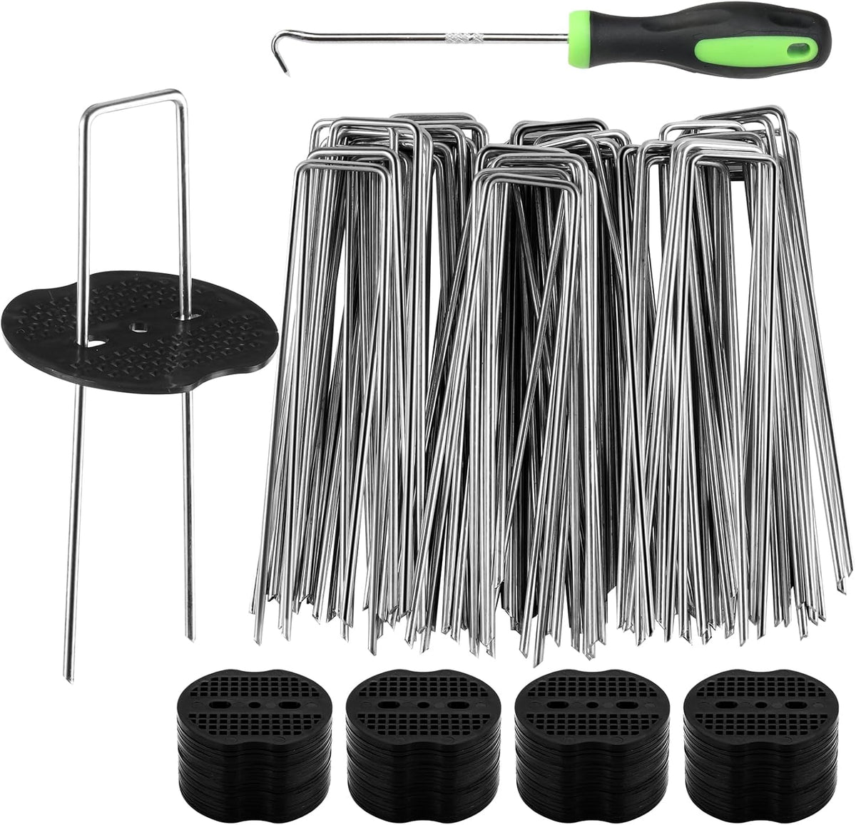 200pcs Garden Stakes Staples, 6 Inch 11 Gauge Landscape Staples + 200pcs Buffer Washer + 1 Pick Hook, U-Shaped Galvanized Landscape Pins, Tent Stakes for Weed Barrier Fabric Heavy Duty