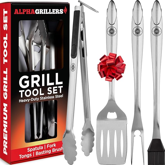 Alpha Grillers Grilling Accessories - BBQ Accessories Grill Gifts for Men Dad Him Husband Son Boyfriend Birthday - Barbecue Grilling Tools Utensils Set with Spatula, Fork, Brush, Tongs Kit
