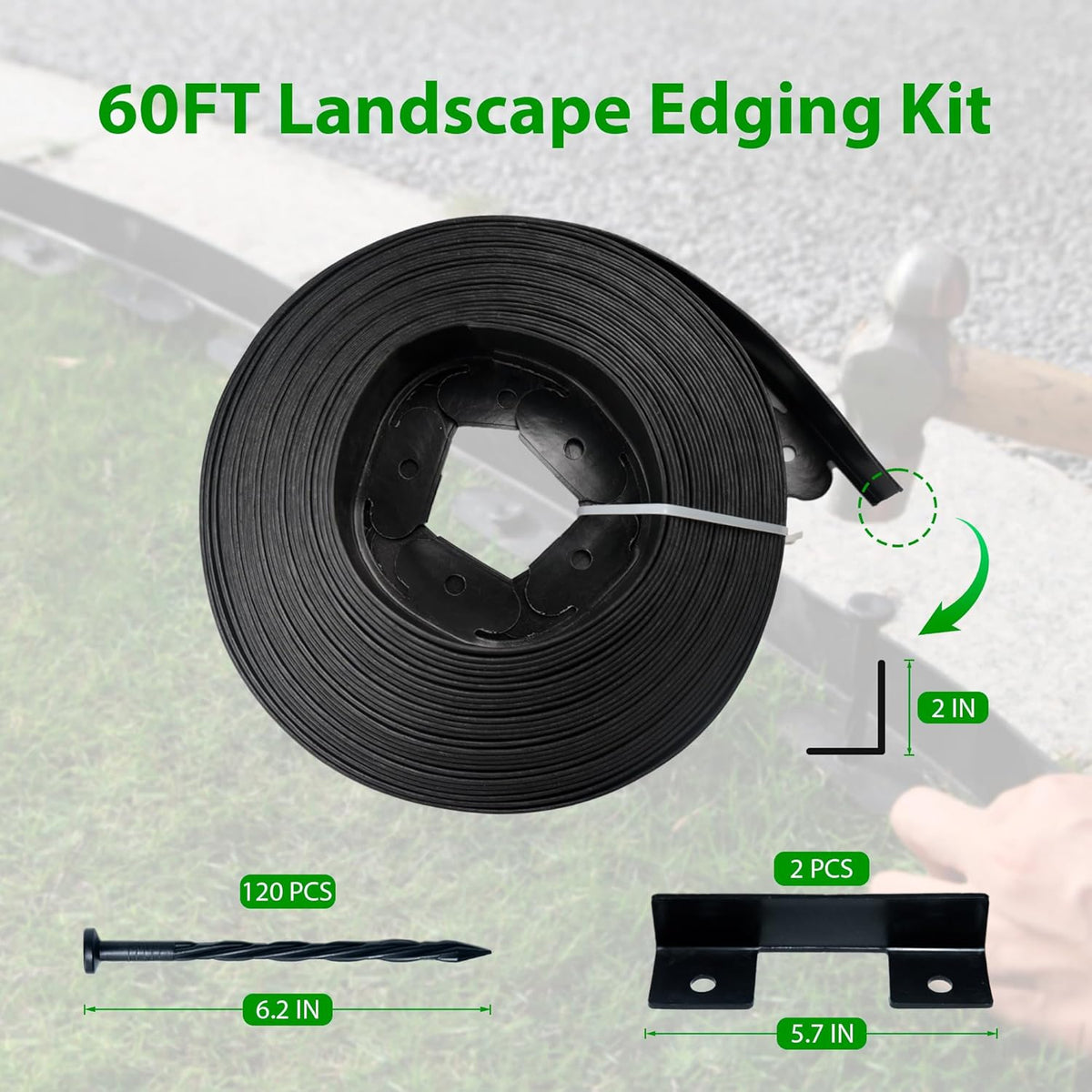 Landscape Edging Border 60 FT 2 Inch Tall with 120 Spikes, Plastic Edging for Landscaping, Garden Edging Border， Flower Bed, Paver and Lawn Edging Border, Black