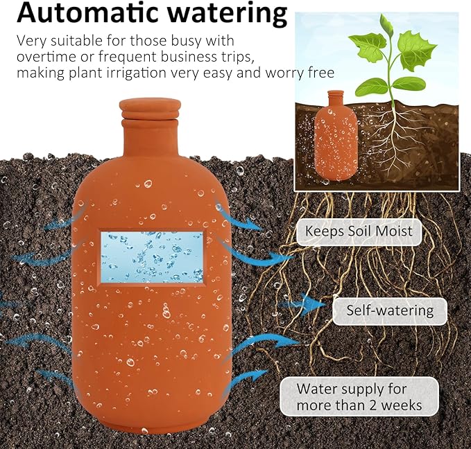 2pcs large Plant Watering Globes Ollas 10×5×5inch 61oz Terracotta Watering Pot Self Watering Planter Terra Cotta Clay Watering Spikes for Indoor Outdoor Plants Indoor Outdoor Large Reservoir Bulbs