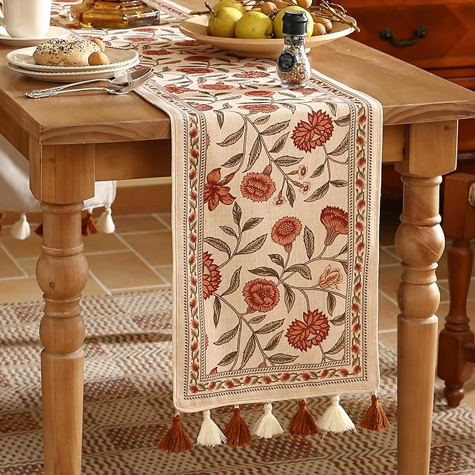 ISAENNE Designer Elegant Linen Table Runner 102 Inches Long,Vintage Orange Floral Pattern Table Runners for Dining Tables,Kitchen Decor,Thanksgiving,Christmas,Banquet,12"*102"-Alvarado A