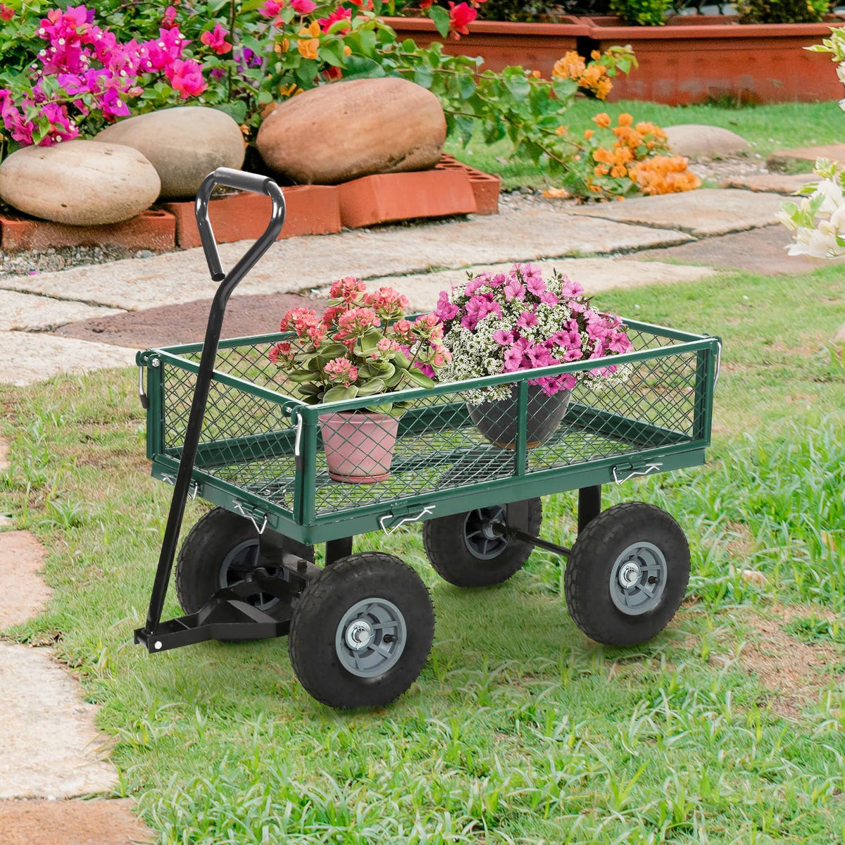 FDW Garden Cart Streel Heavy Duty 500 LBS Capacity，Utility Cart Wagon with Removable Sides and 180°Rotating Handle for Yard, Lawn and Garden Hauler (Green)