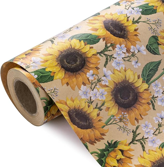 WRAPAHOLIC Kraft Floral Wrapping Paper Roll - Mini Roll - 17 Inch x 33 Feet - Sunflower Design, Perfect for Birthday, Baby Shower, Party, Holiday