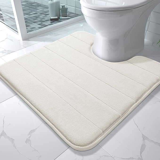 Yimobra Memory Foam Toilet Bath Mat U-Shaped, Soft and Comfortable, Super Water Absorption, Non-Slip, Thick, Machine Wash and Easier to Dry for Bathroom Commode Contour Rug, 24 X 24 Inches, Cream