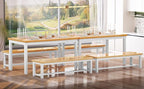 AWQM 43.3" Dining Table Set for 4, Kitchen Dining Table with 2 Benches, Dining Room Table Set with Metal Frame & Thickened Board for Kitchen, Restaurant, Oak
