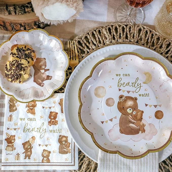 Kate Aspen We Can Bearly Wait Baby Shower Plates and Napkins Party Decorations Plates & Napkins; Adorable & Classic Teddy Bear Baby Shower (62 Piece - 16 Guests)