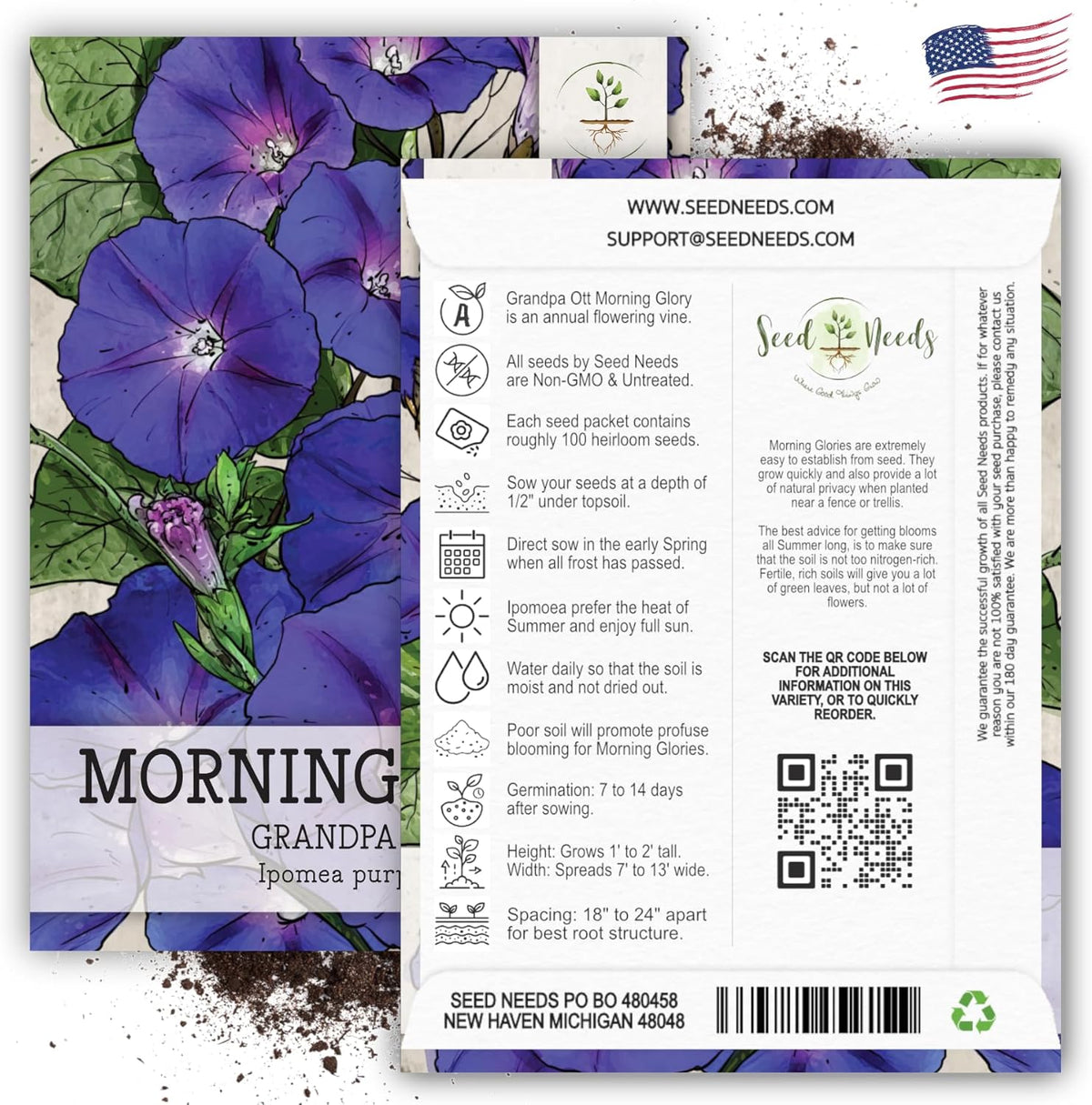 Seed Needs, Grandpa OTT Morning Glory Seeds - 100 Heirloom Seeds for Planting Ipomea purpurea - Annual Blue/Violet Blooms, Flowering Vine for a Natural Privacy Fence (2 Packs)