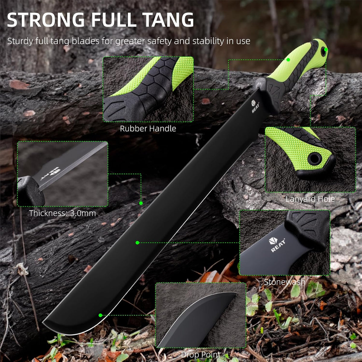 REAT Gardening Heavy Duty Machete,24" Full Tang Machete with Shaeth,Ergonomic No-Slip Handle,Machetes for Bushcraft, Outdoor Hunting, Garden Cutting Trees and Yard Work (Green)