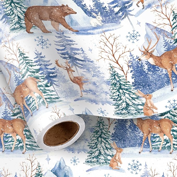 LeZakaa Christmas Wrapping Paper Roll, Winter Forest Animal Gift Wrap with Deer Bear Rabbit Snowflake Design, Watercolor Style, for Xmas Presents Family Gatherings, Holiday, Mini Roll 17 in x 16.4 Ft