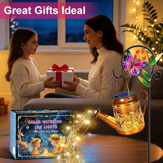 VOOKRY Solar Lights Outdoor Waterproof, Butterfly Retro Metal Solar Watering Can Lights, Gifts for Women Mom Grandma Mother's Day, Hanging Lantern Decorative Garden Decor for Outside Yard Lawn Patio