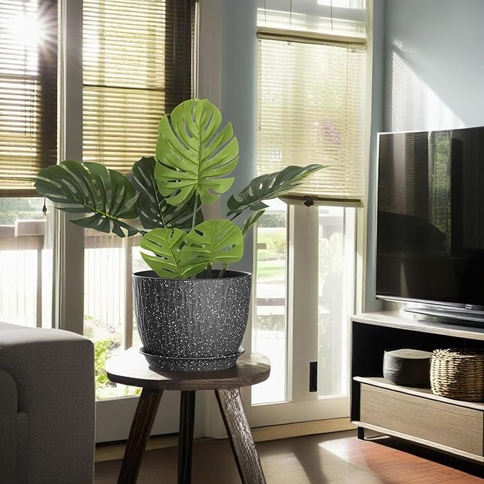 12/10/9 Inch Plant Pots, 3 Pack Large Flower Pots for Indoor and Outdoor Plants with Water Ripples, Large Plastic Flower Pots with Drainage Holes and Tray for Garden Indoor Plants