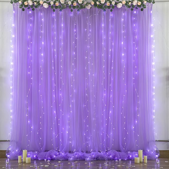 Purple Sheer Backdrop Curtains with Lights String for Baby Shower Girls 2 Panels 5×8ft Tulle Backdrop Curtain for Wedding Bridal Shower Elephant Birthday Party Photo Shoot Background Decorations