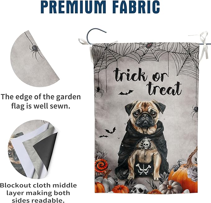 Halloween Pug Garden Flag Trick or Treat Yard Flag Ghost Dog Garden Flags for Outside 12x18 Double Sided Small Dachshund Skeleton Halloween Decor Outdoor Lawn Welcome Flag