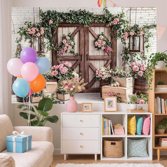 10x10ft Country Wedding Photography Backdrop Floral Rustic Roses Farmhouse Wooden Door Backdrop Pink Flower Birthday Baby Shower Wedding Bridal Party Banner Photo Booth Props Anniversary Background