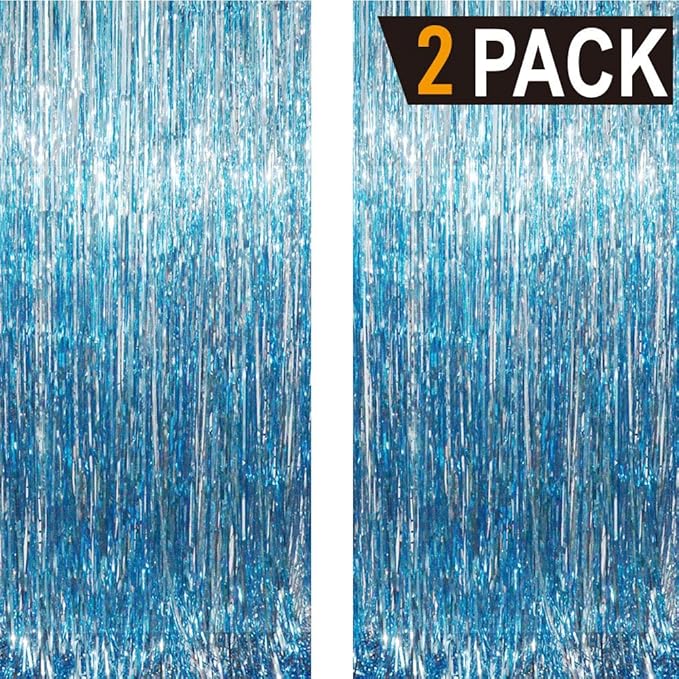 GOER 6.4 ft x 8.2 ft Metallic Tinsel Foil Fringe Curtains,Pack of 2 Party Streamer Backdrop for Birthday,Graduation Decorations and New Year Eve (Light Blue)