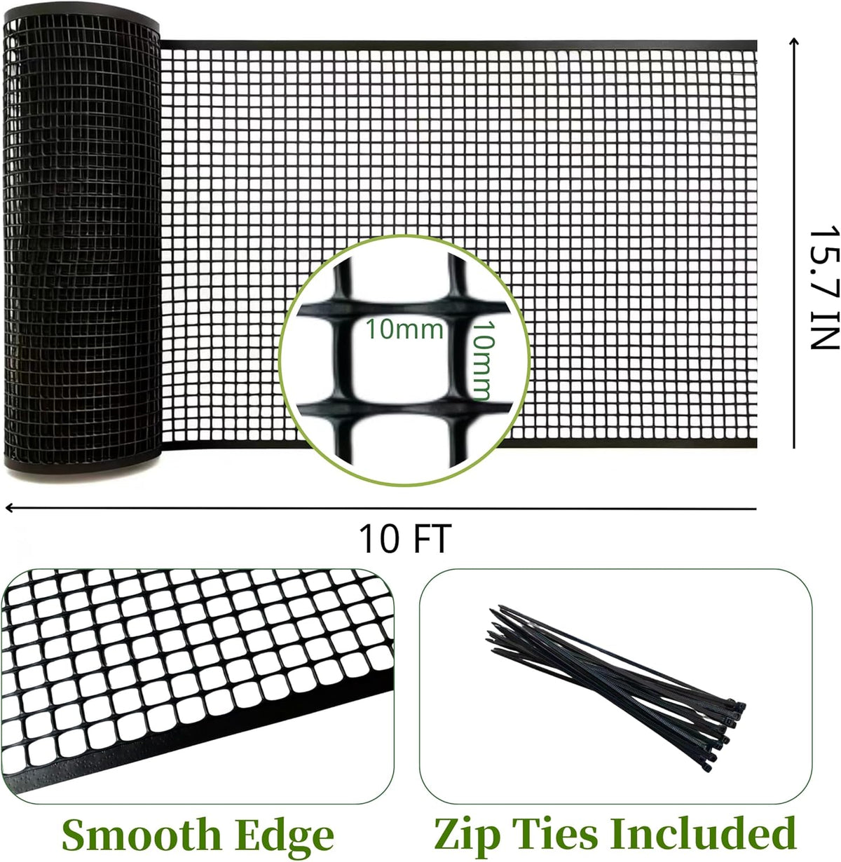 PotatoLife Plastic Wire Mesh Fence, Balcony Fence for Baby and Pets, Safety Fence, Stair Protector, Poultry, Garden, Tree Support, Durable Material, Free Zip Ties (Black, 15.7'' x 10')