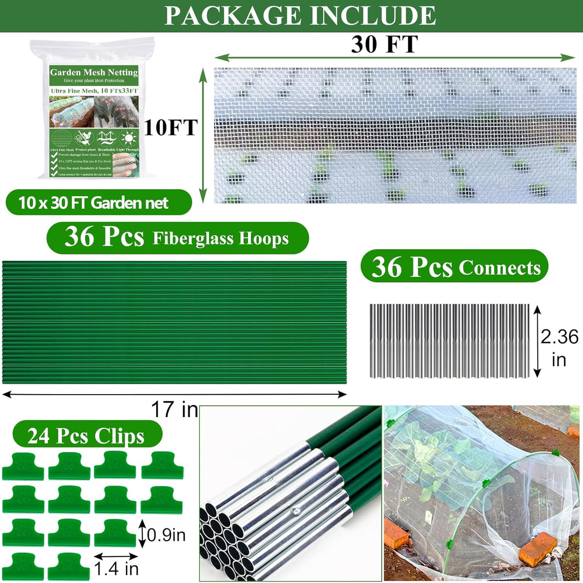 Garden Mesh Netting Kit,10 x 30FT Ultra Fine Netting with 6 Sets Fiberglass Garden Hoops for Raised Beds Vegetable Plants Fruits Greenhouse Row Cover Birds Animals Barrier Protection Net